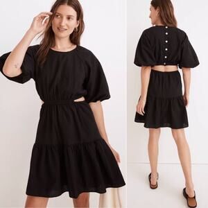 Madewell Seersucker Puff-Sleeve Cutout Mini Dress Black Women's Small NF870 $128